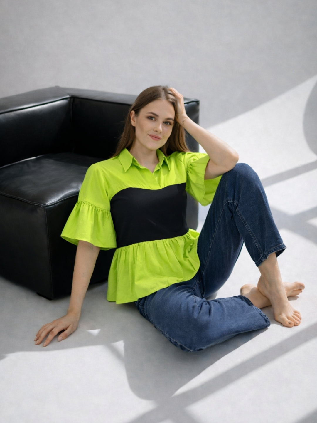 Clobug Women Contrast Panel Peplum Top