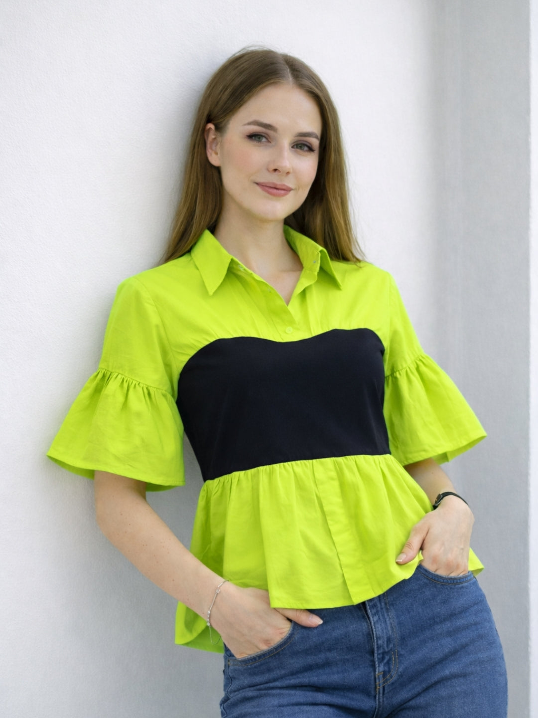 Clobug Women Contrast Panel Peplum Top