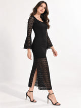 Clobug Elegant Lace Midi Dress – Long Sleeve Party & Evening Wear