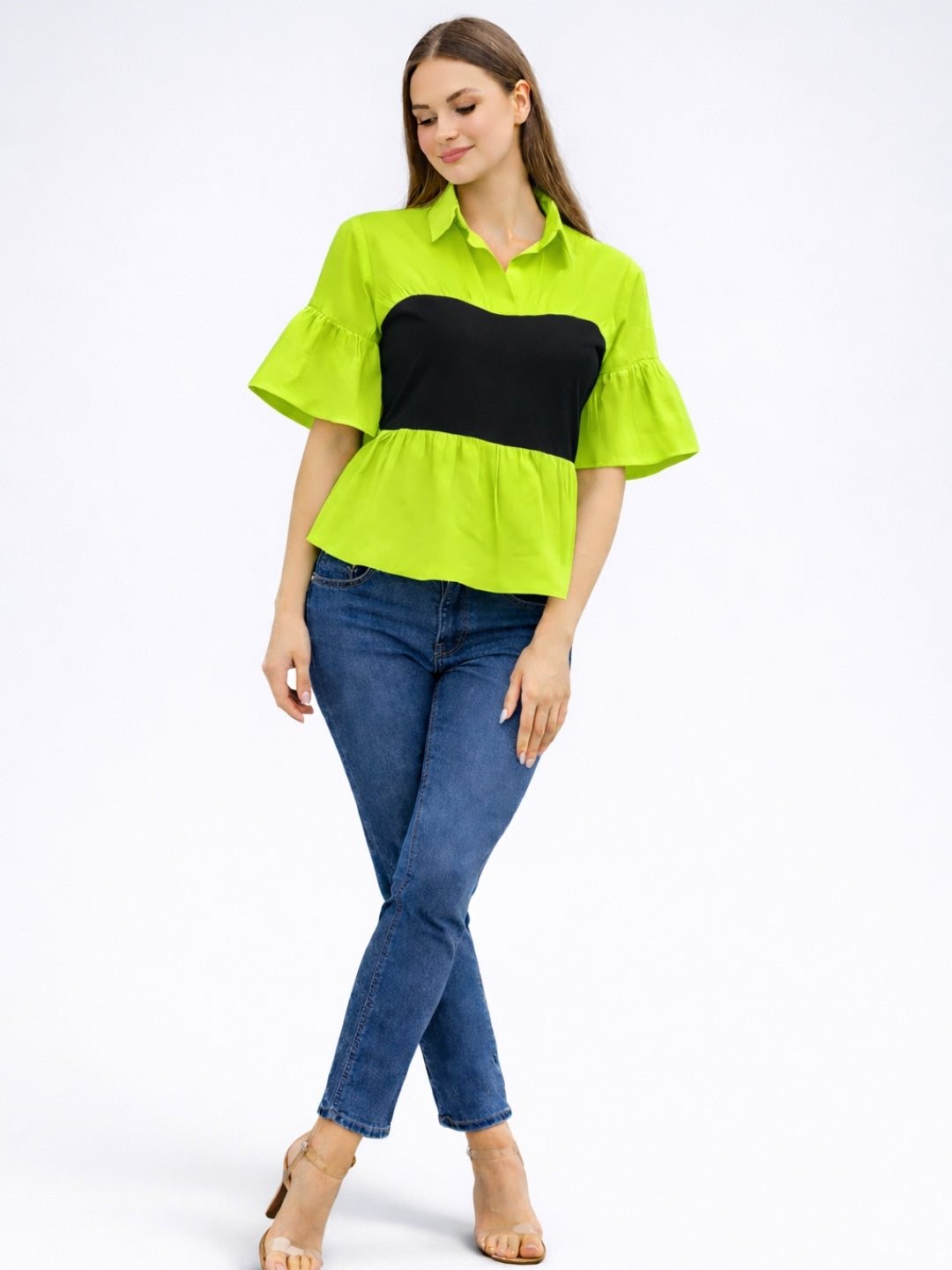 Clobug Women Contrast Panel Peplum Top