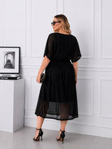 Women's Curve Solid Black V-Neck Mesh Dress