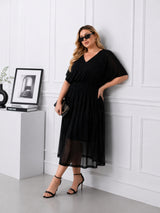 Women's Curve Solid Black V-Neck Mesh Dress