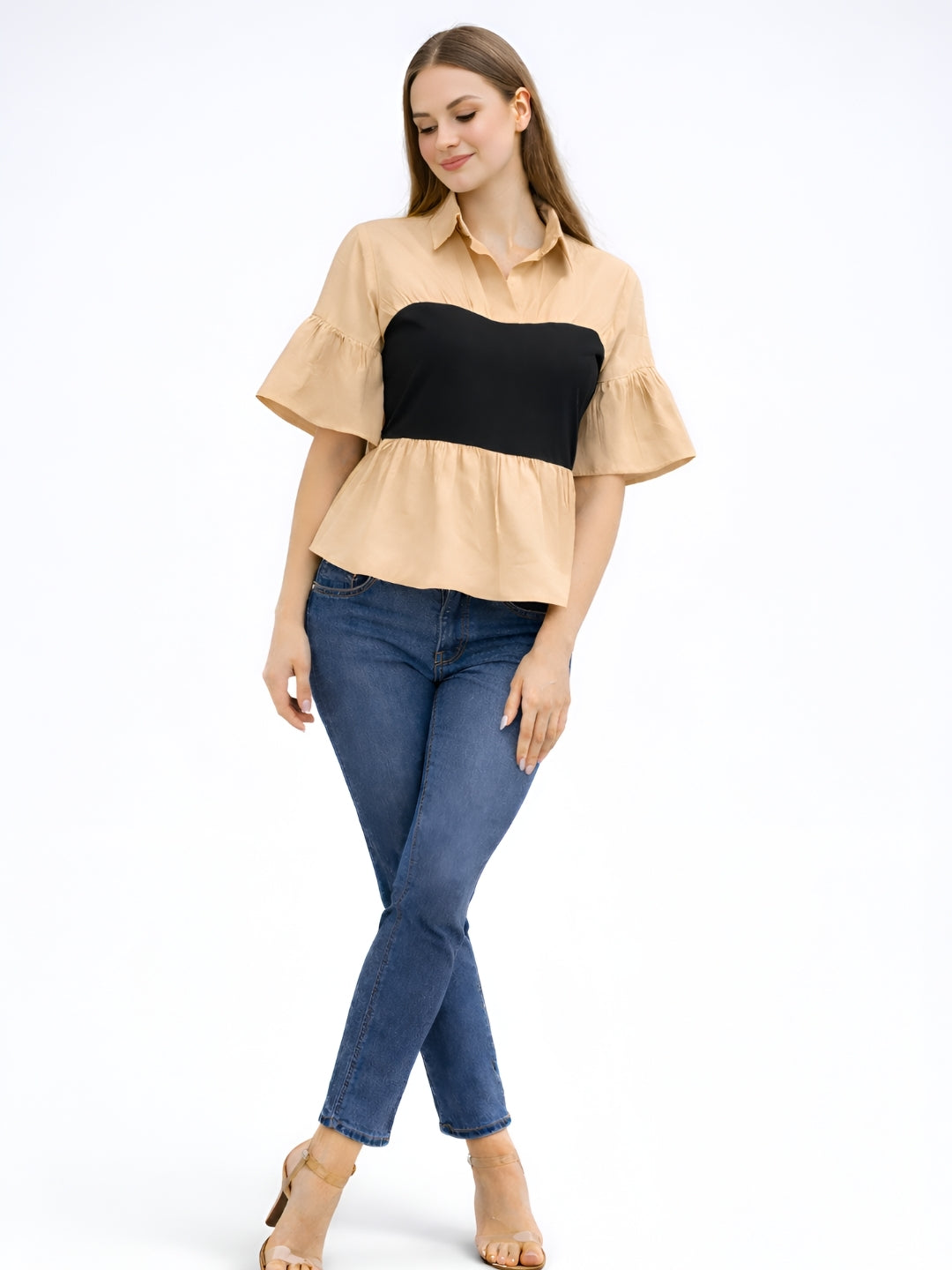 Clobug Women Contrast Panel Peplum Top