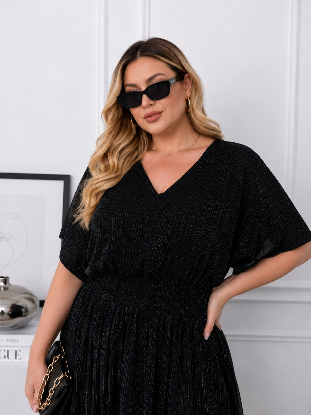 Women's Curve Solid Black V-Neck Mesh Dress