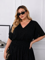 Women's Curve Solid Black V-Neck Mesh Dress