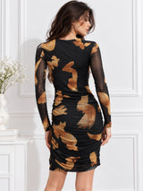 Clobug Marble Print Brown Midi Dress with Full Sleeve