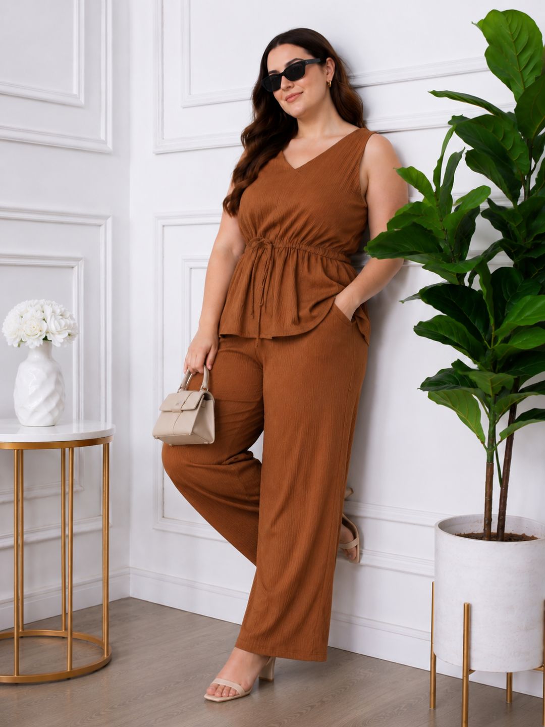 Women's Plus Size V-Neck Top & Pant Co-Ord Set