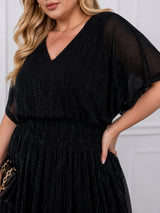 Women's Curve Solid Black V-Neck Mesh Dress