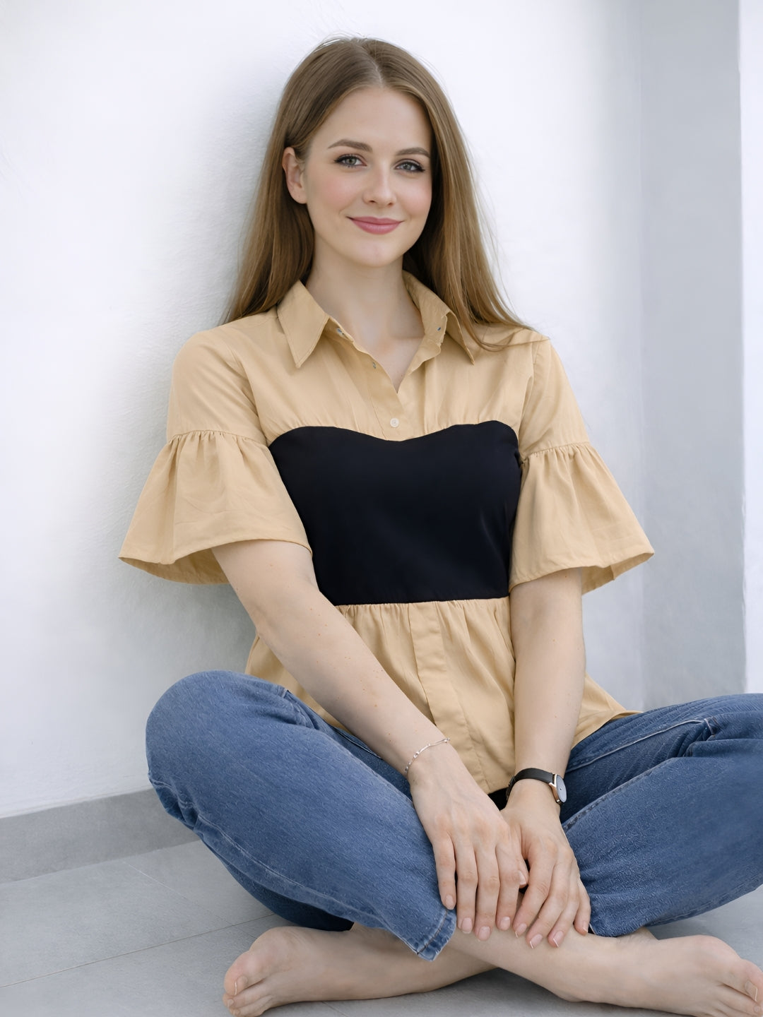 Clobug Women Contrast Panel Peplum Top