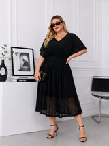Women's Curve Solid Black V-Neck Mesh Dress