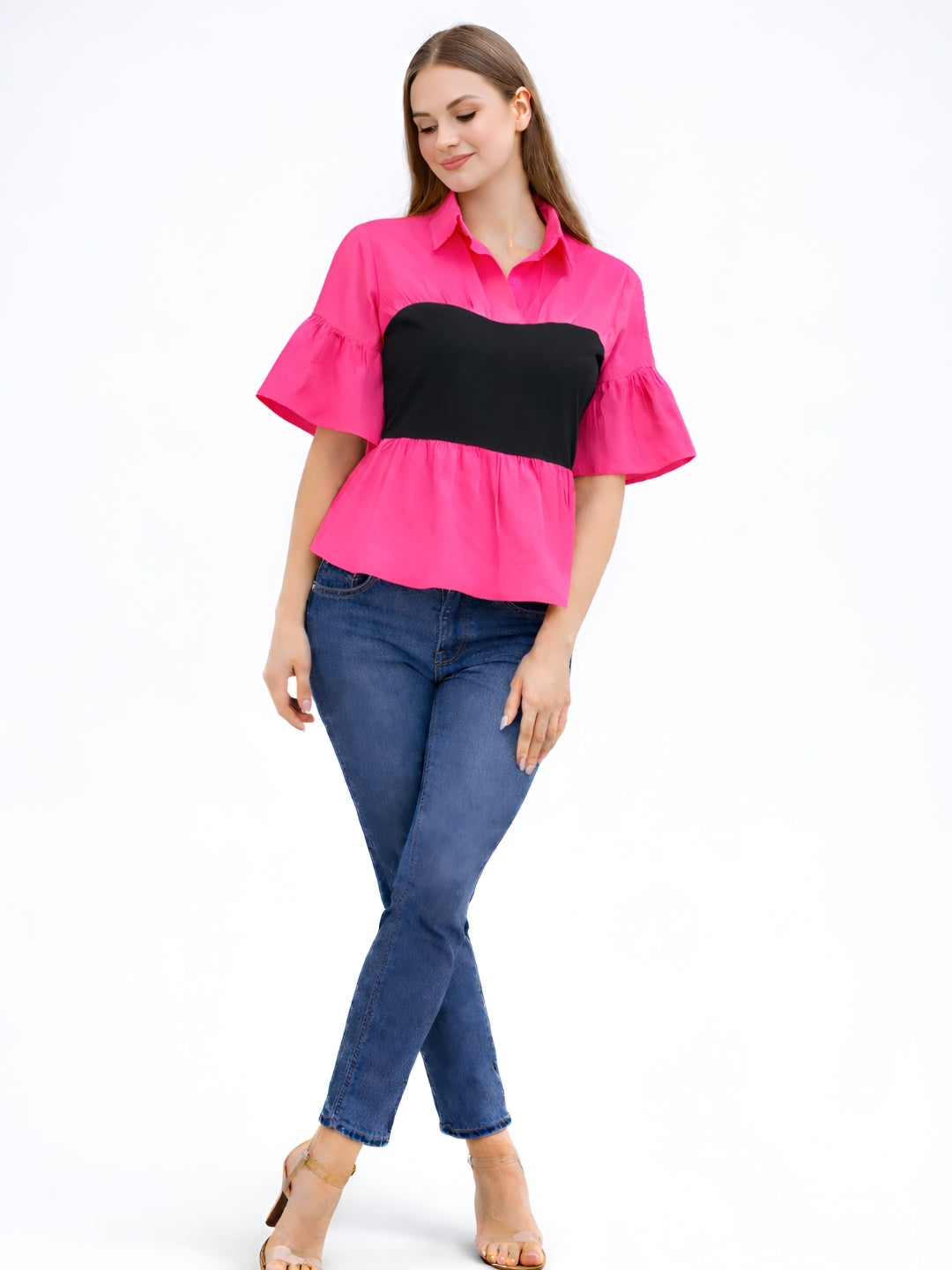 Clobug Women Contrast Panel Peplum Top