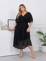 Women's Curve Solid Black V-Neck Mesh Dress