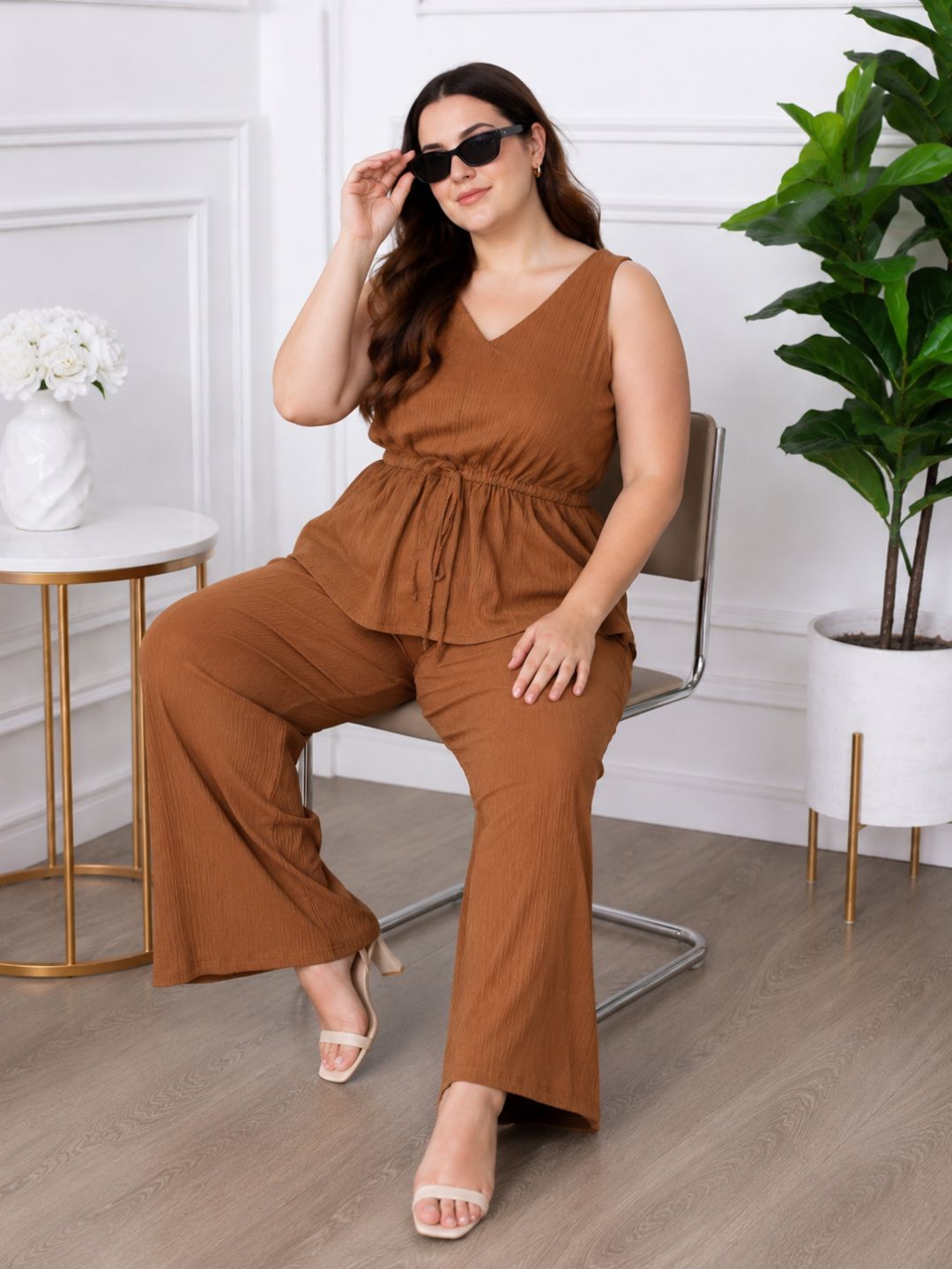 Women's Plus Size V-Neck Top & Pant Co-Ord Set