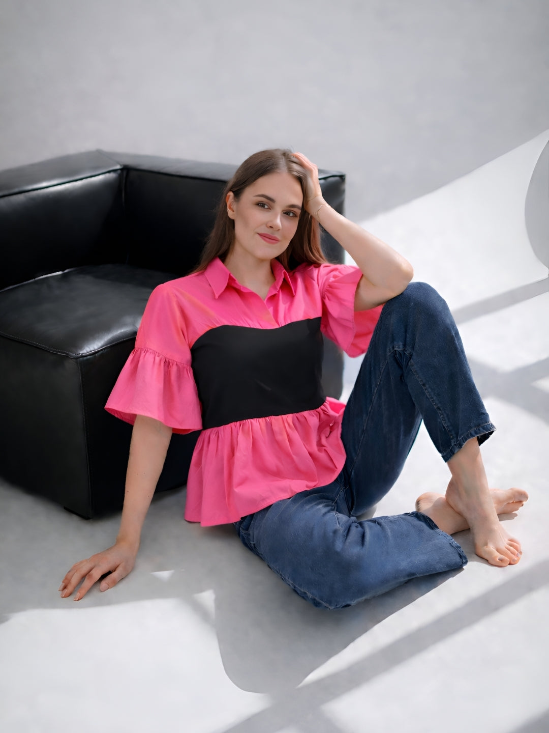 Clobug Women Contrast Panel Peplum Top