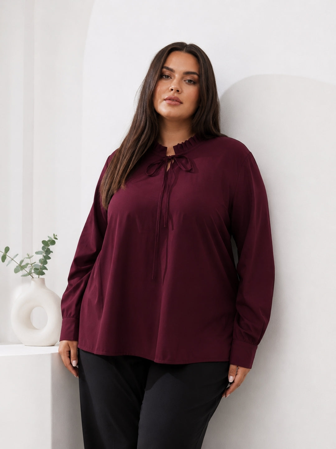 Women's Plus Size Solid Burgundy Tie-Neck Long Sleeve Top