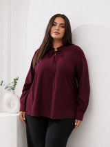Women's Plus Size Solid Burgundy Tie-Neck Long Sleeve Top