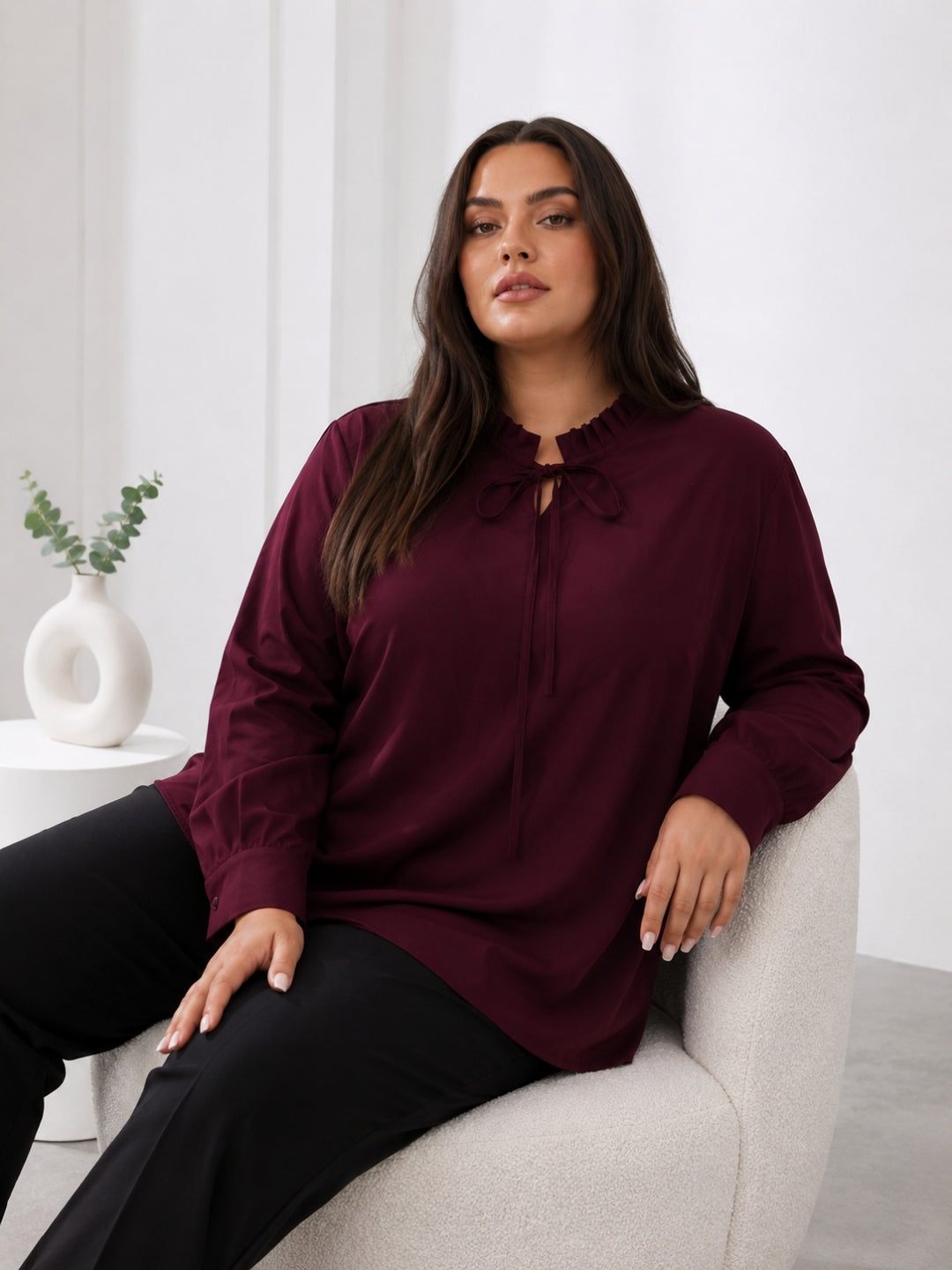 Women's Plus Size Solid Burgundy Tie-Neck Long Sleeve Top