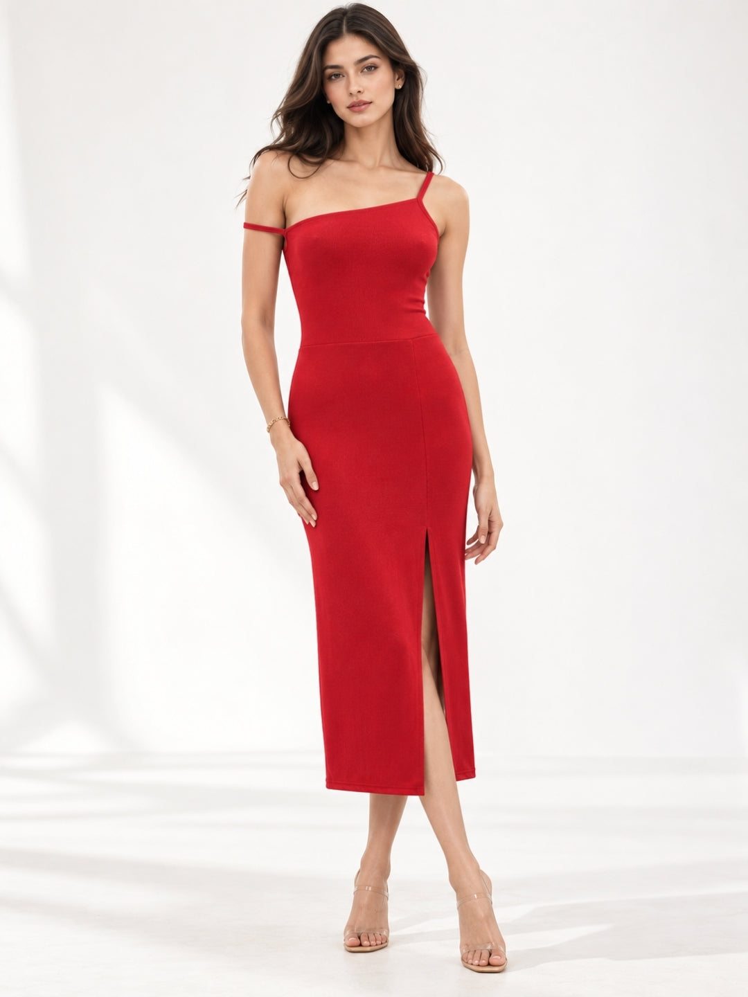 Clobug Women One Shoulder Red Dress