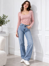 Clobug Solid Square Neck Full Sleeve Fitted Crop Top With Adjustable Strings
