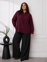 Women's Plus Size Solid Burgundy Tie-Neck Long Sleeve Top