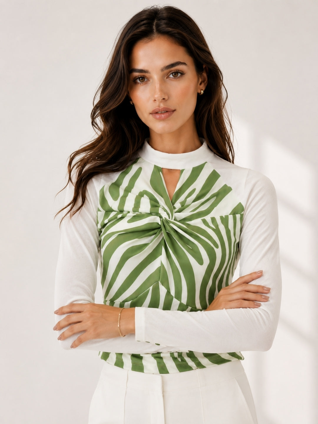 Clobug Women Printed Halter Neck Regular Mesh Top