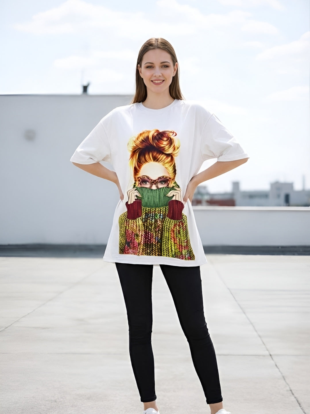 Clobug Women Oversized Graphic Printed Half Sleeve T-shirt