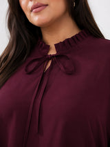Women's Plus Size Solid Burgundy Tie-Neck Long Sleeve Top