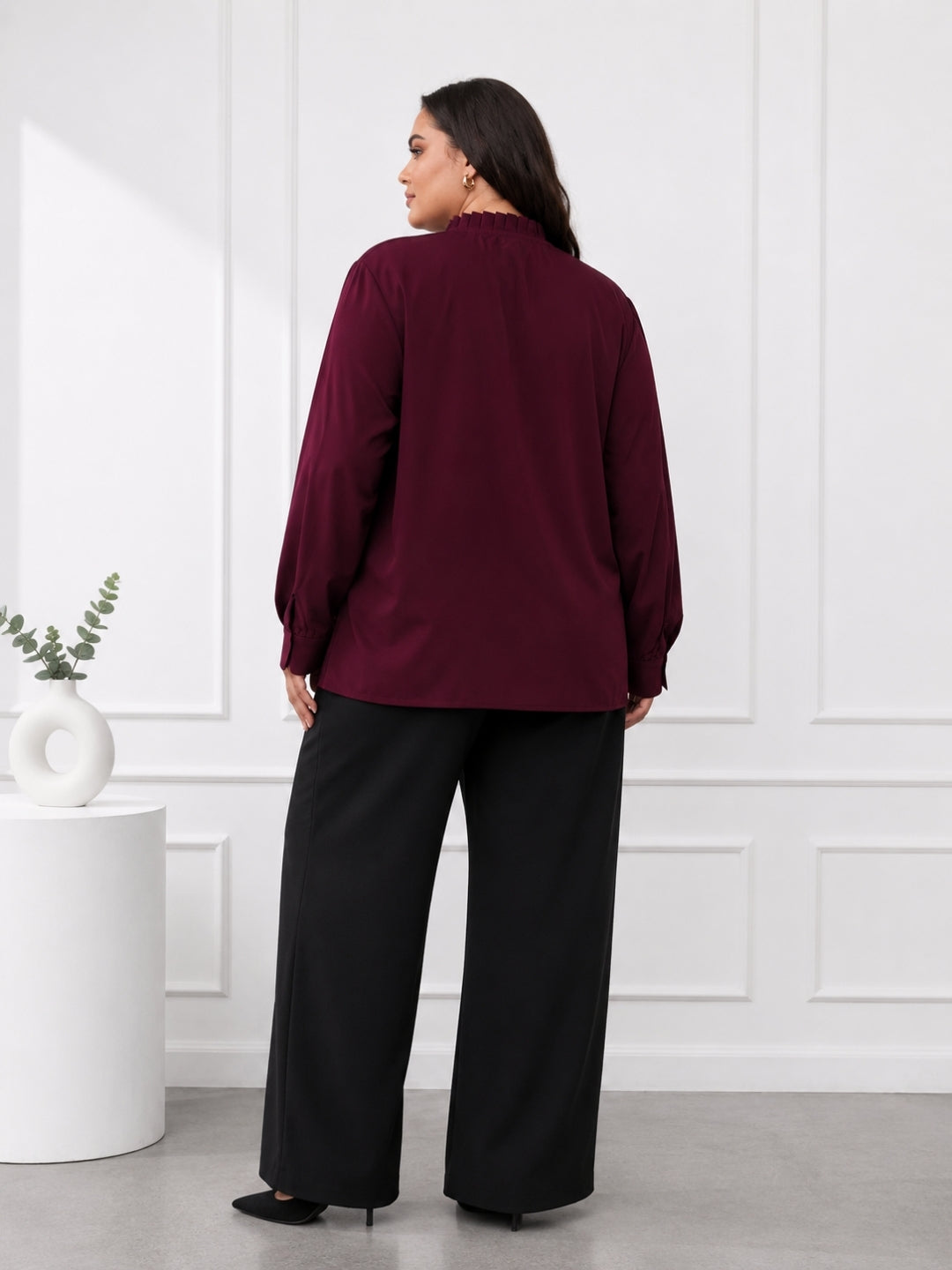 Women's Plus Size Solid Burgundy Tie-Neck Long Sleeve Top