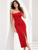 Clobug Women One Shoulder Red Dress