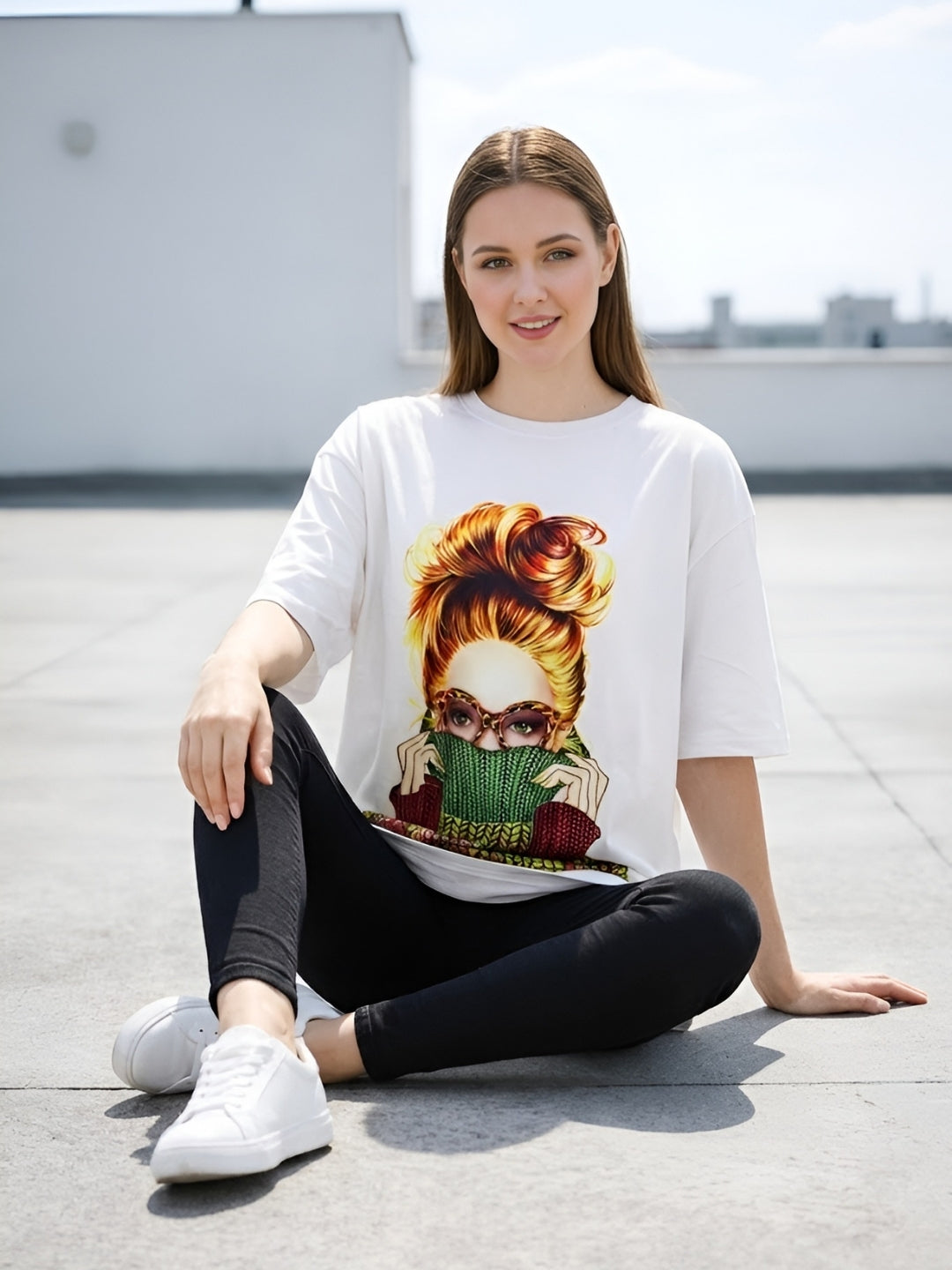 Clobug Women Oversized Graphic Printed Half Sleeve T-shirt