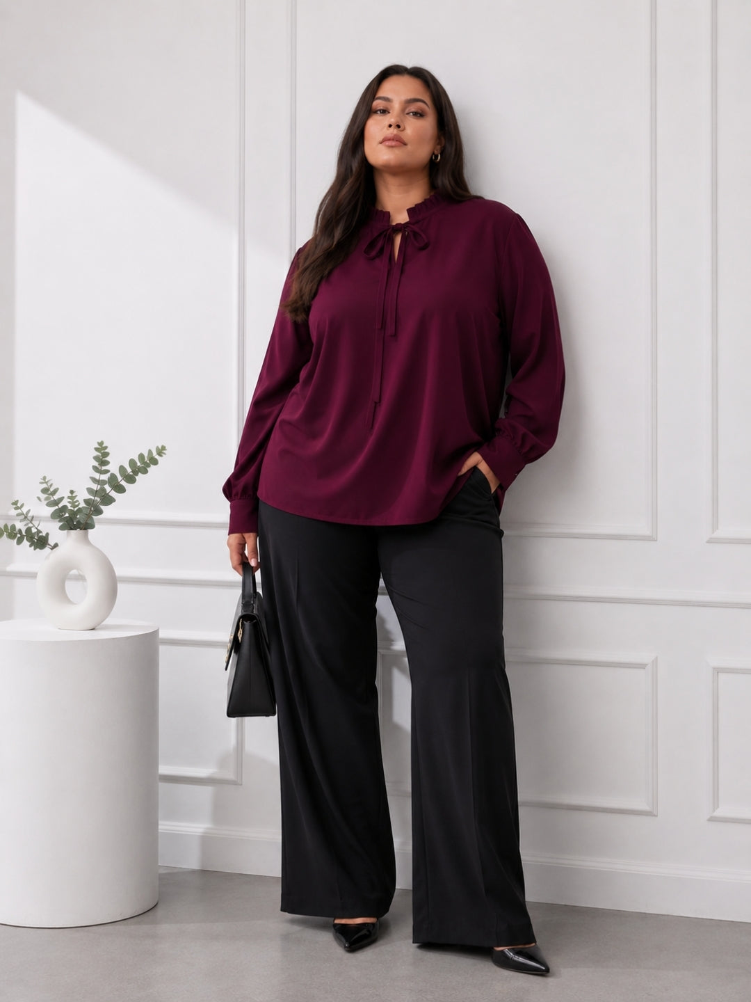 Women's Plus Size Solid Burgundy Tie-Neck Long Sleeve Top