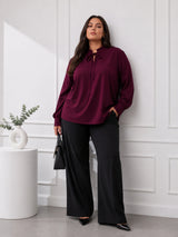 Women's Plus Size Solid Burgundy Tie-Neck Long Sleeve Top