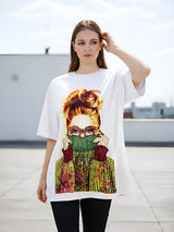 Clobug Women Oversized Graphic Printed Half Sleeve T-shirt