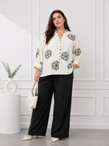 Women's Plus Size Ivory Floral Printed Mandarin Collar Shirt