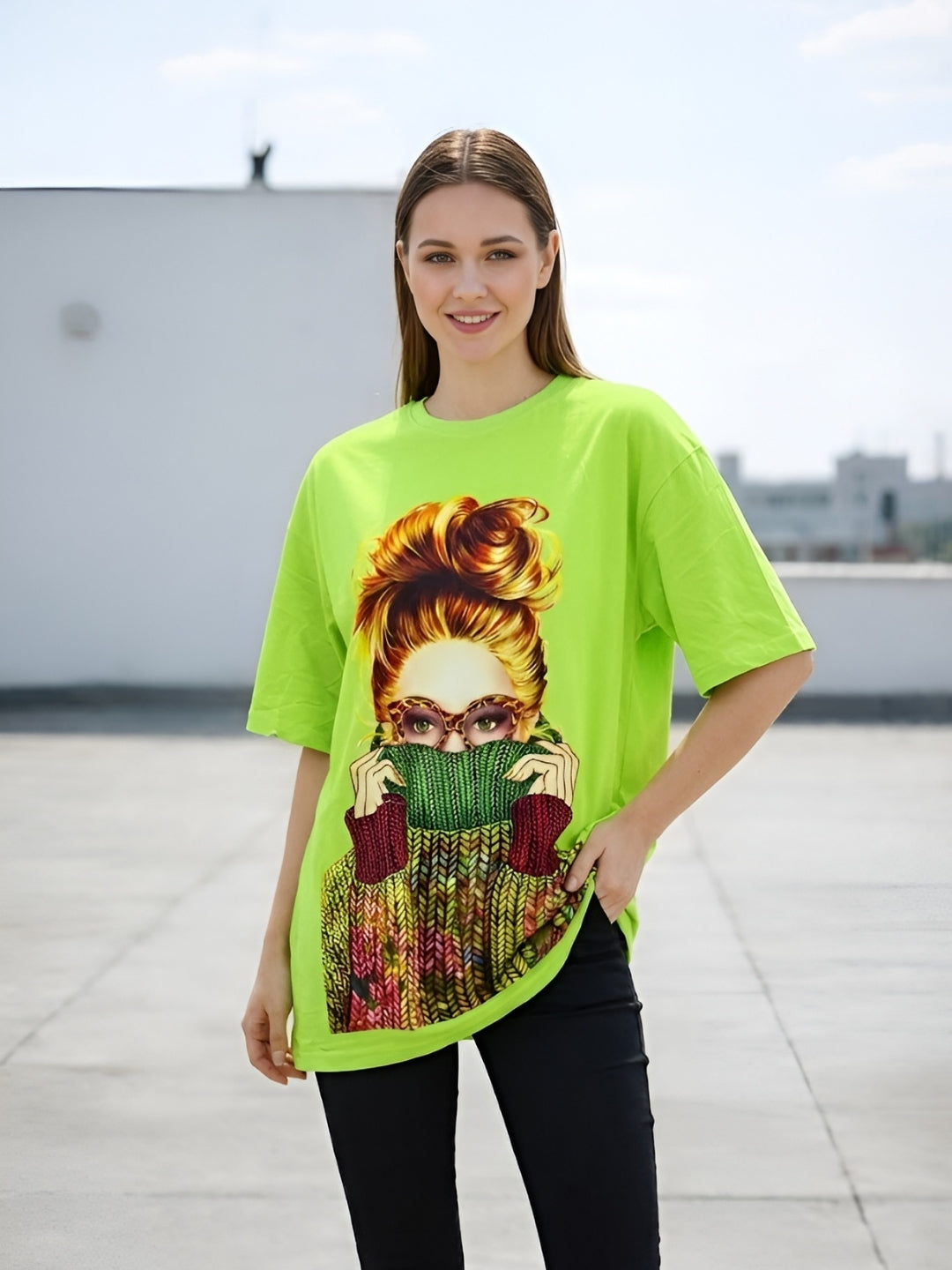 Clobug Women Oversized Graphic Printed Half Sleeve T-shirt
