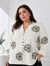 Women's Plus Size Ivory Floral Printed Mandarin Collar Shirt