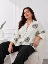 Women's Plus Size Ivory Floral Printed Mandarin Collar Shirt