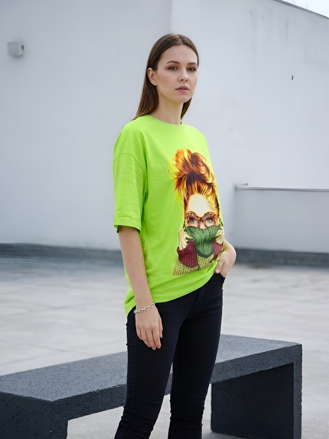 Clobug Women Oversized Graphic Printed Half Sleeve T-shirt