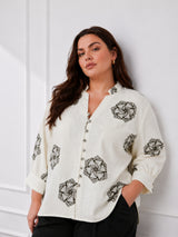 Women's Plus Size Ivory Floral Printed Mandarin Collar Shirt