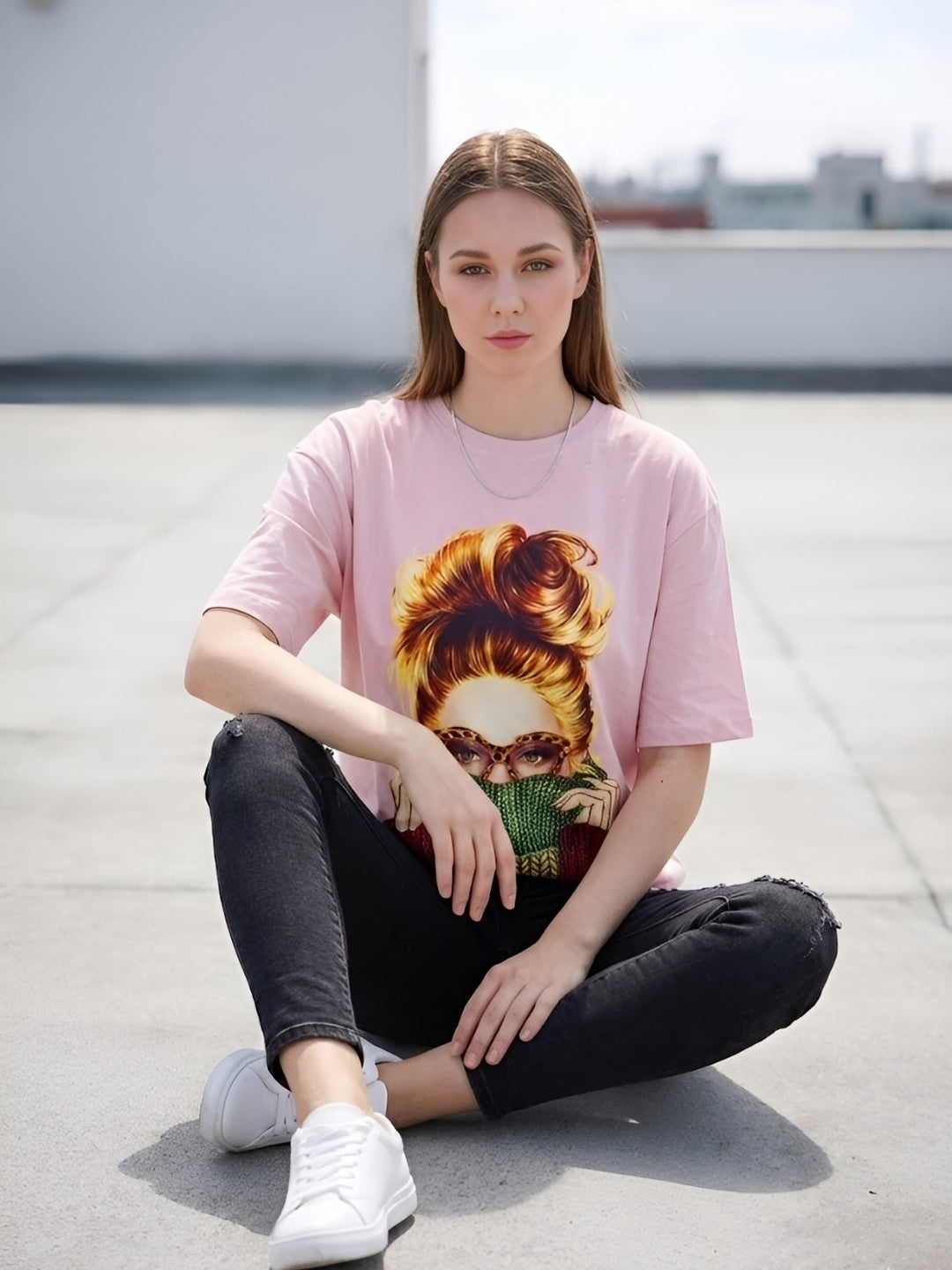 Clobug Women Oversized Graphic Printed Half Sleeve T-shirt