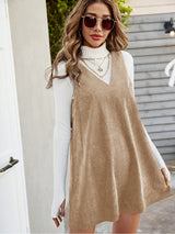 Clobug Women Solid Sleeveless Corduroy Dress