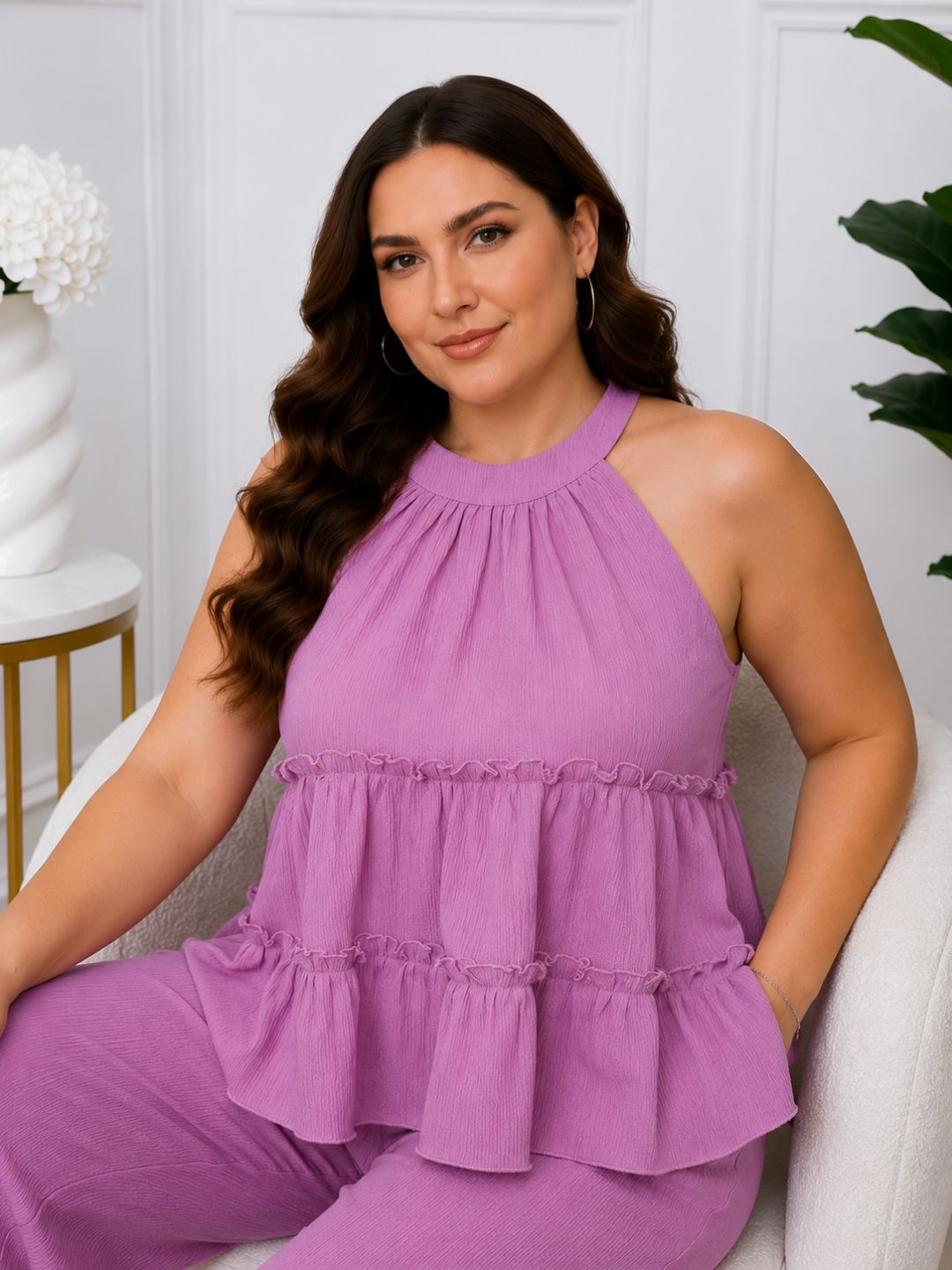 Women's Plus Size Purple Halter Neck Co-Ord Set