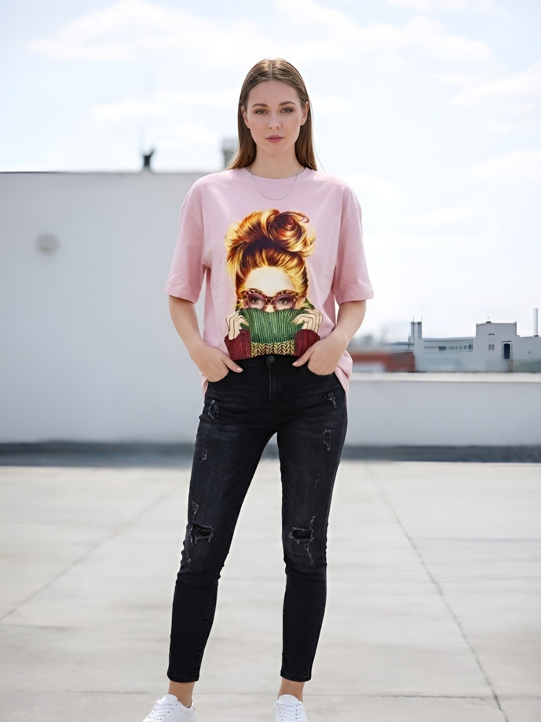 Clobug Women Oversized Graphic Printed Half Sleeve T-shirt