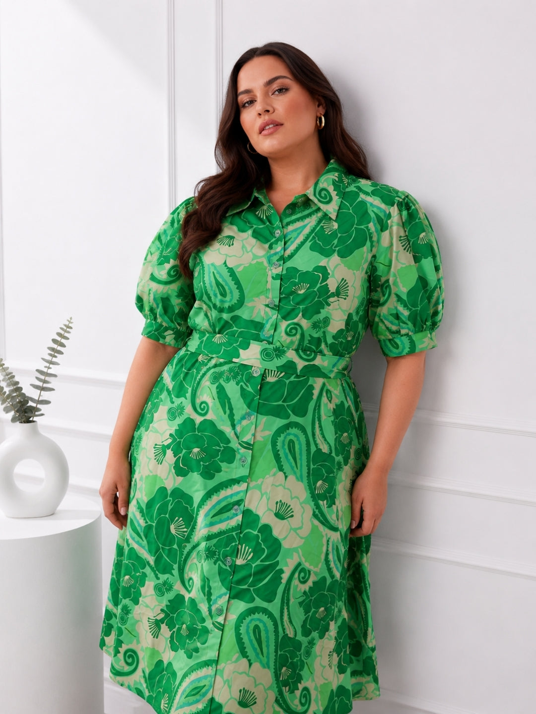 Emerald Bloom Plus Size Floral Printed Shirt Midi Dress