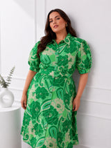 Emerald Bloom Plus Size Floral Printed Shirt Midi Dress