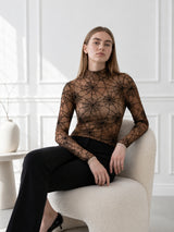Clobug Women Black Net Full Sleeve High Neck Fitted Top