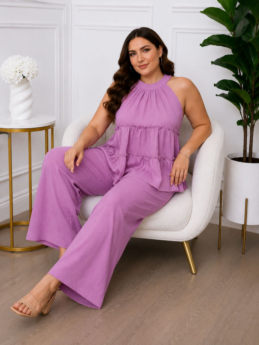 Women's Plus Size Purple Halter Neck Co-Ord Set