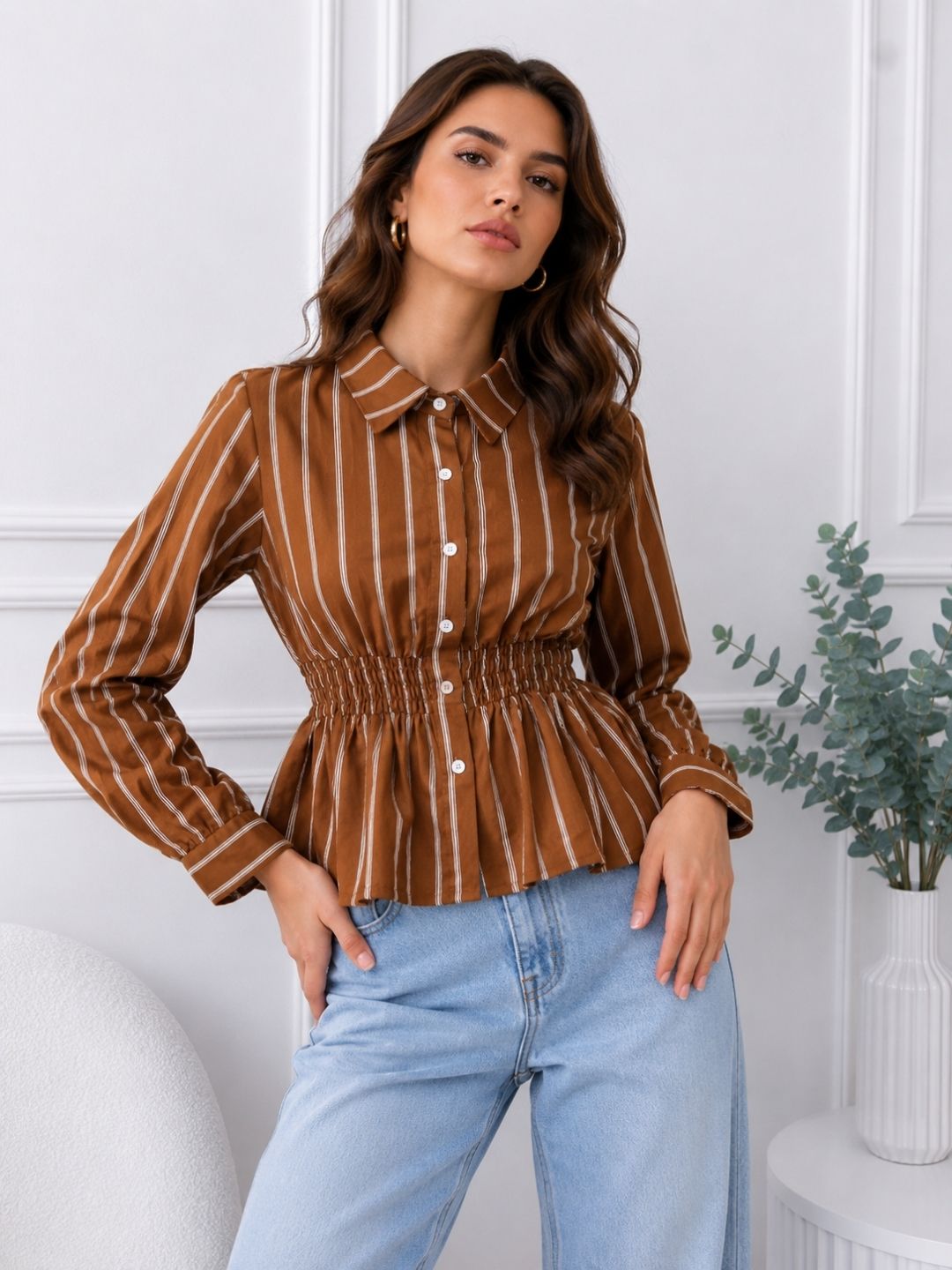 Women's Brown & White Vertical Stripes Casual Shirt
