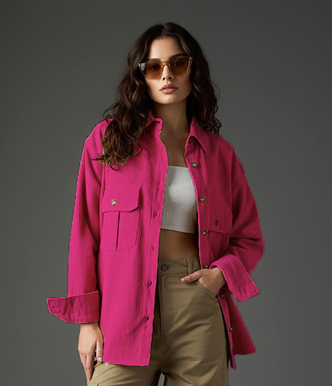 Clobug Women Full Sleeve Oversized Corduroy Shirt