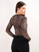 V Neck Animal Print Brown Top